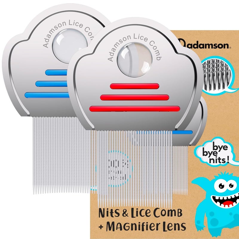Adamson Lice Comb Duo - Stainless Steel Lice Comb for Kids x 2 - Effective Nit Comb - Lice Combs for Thick Hair - Durable and Easy to Clean - Red and Blue Set - Image 1